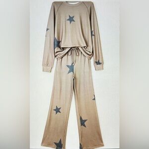 Khaki retro star print drawstring wide leg 2 piece lounge set